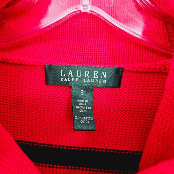 Ralph Lauren LRL Sweater S Red Black Stripe Metallic Gold Toggle Closure Cotton - Picture 2 of 11